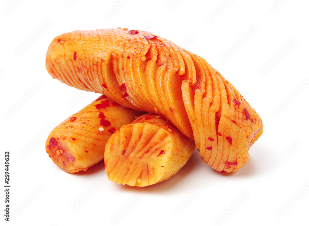 sliced radish kimchi on white background sliced radish kimchi on white background