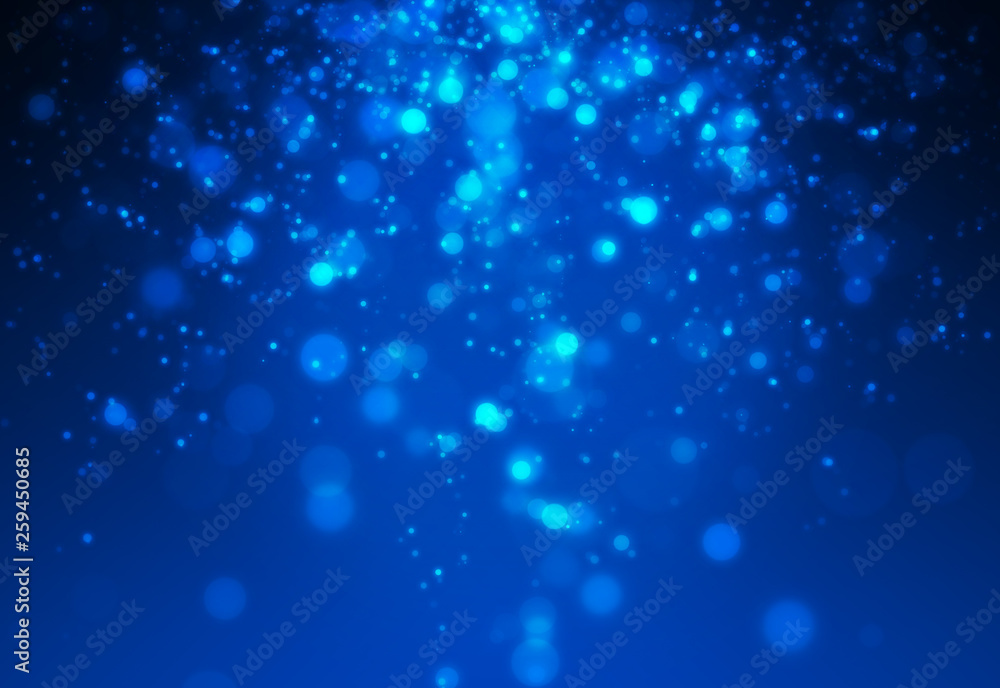 Mini glitter light with blue bokeh falling from top set on dark background