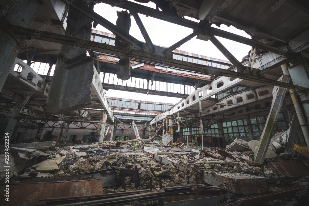 Shop destroyed the plant. An enterprise in an abandoned radioactive city. Collapsed metal structures and betton partitions.