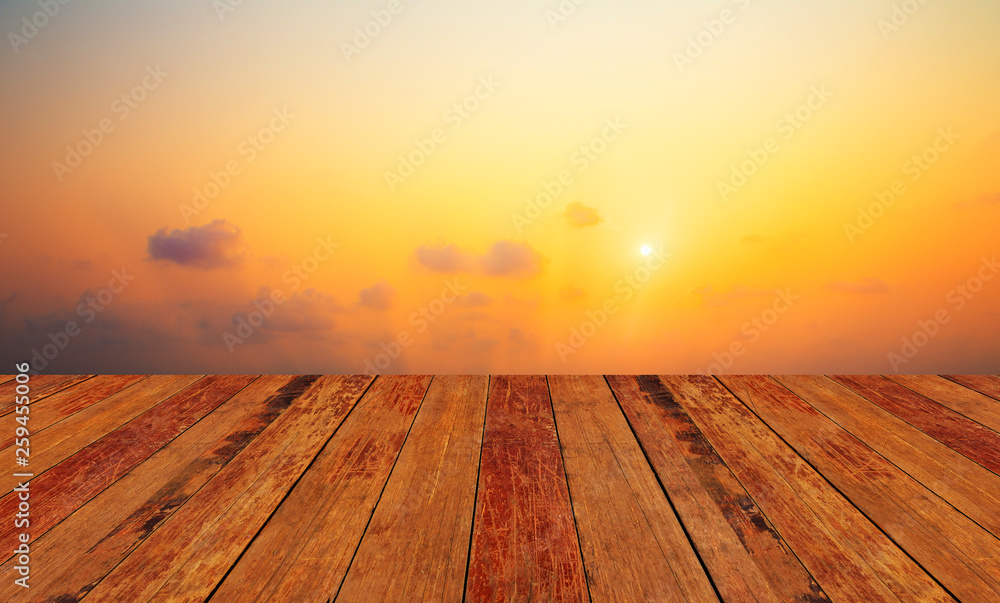Sunrise on morning with wooden background montage for your design texture or concept copy spec