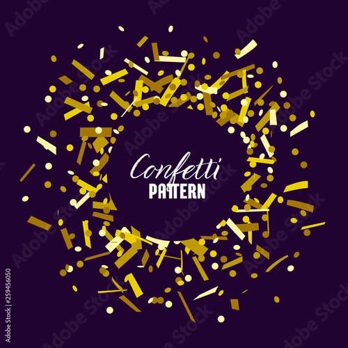 Gold confetti dots and stripes round frame pattern on dark background