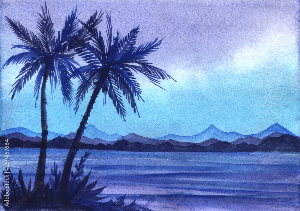 Dark silhouette of two palm trees and bushes on the background of blue-violet and turquoise gradient
