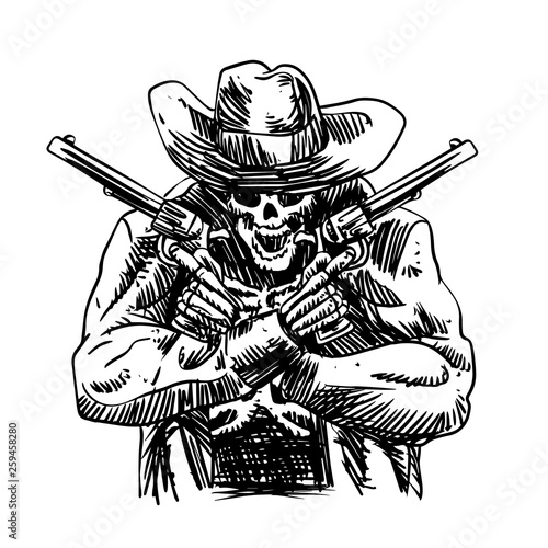 Skull cowboy in western hat and a pair of crossed gun revolver - Vector illustration