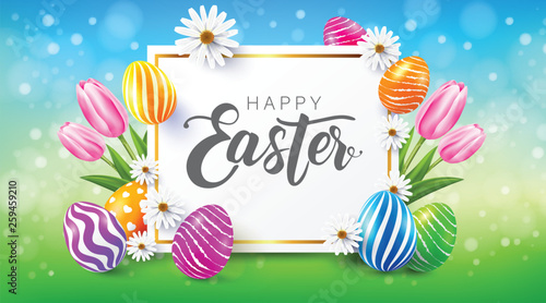 Happy Easter Poster and template with colorful Easter Eggs and flower.Greetings and presents for Easter Day.Promotion and shopping template for Easter Day.Vector illustration EPS10