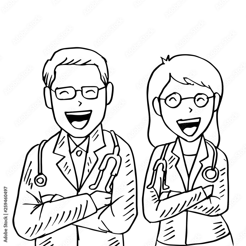 Cartoon of male and female doctors.