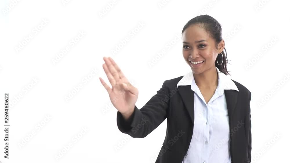 close up portrait of asian business woman pretending to swipe touching screen isolated on white background close up portrait of asian business woman pretending to swipe touching screen isolated on white background
