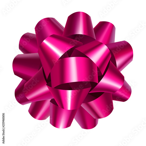 Bright pink ribbon bow isolated on white background. Realistic decoration for holidays events. Beautiful decor object from silk vector illustration. Christmas or birthday decoration element.