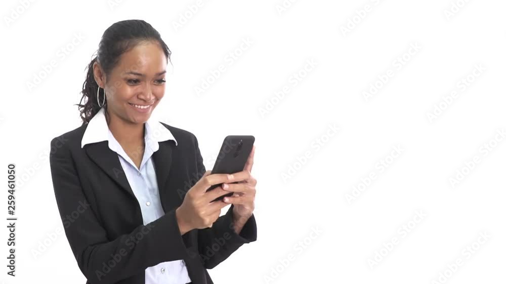 portrait of young business woman texting on mobile phone isolated on white background portrait of young business woman texting on mobile phone isolated on white background