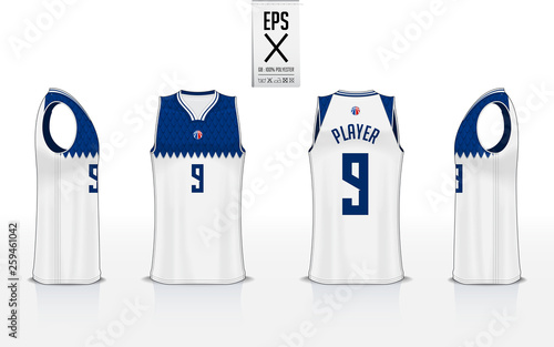 Basketball uniform mockup template design for basketball club. Tank top t-shirt mockup for basketball jersey. Front view, back view and side view basketball shirt. Vector Illustration.