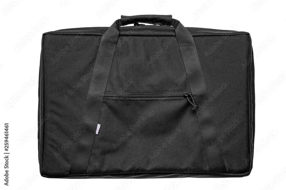 Modern black backpack over his shoulder isolated on white back Modern black backpack over his shoulder isolated on white back