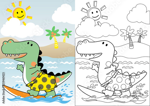 dinosaurs the surfer, coloring book or page, vector cartoon