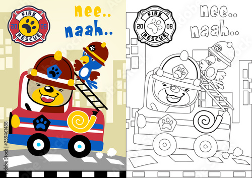 fire rescue team with funny firefighter, vector cartoon, coloring book or page