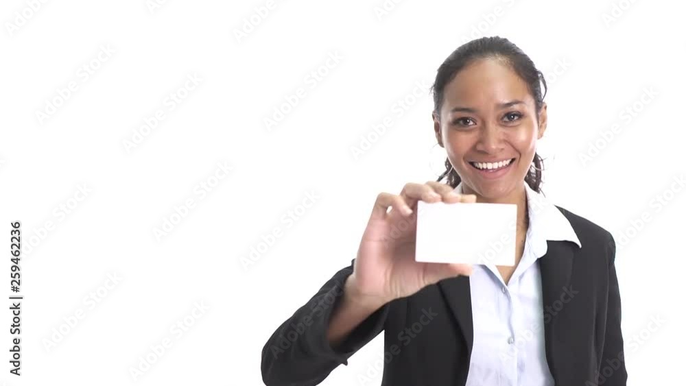 portrait of asian business woman holding a blank business card isolated on white background portrait of asian business woman holding a blank business card isolated on white background