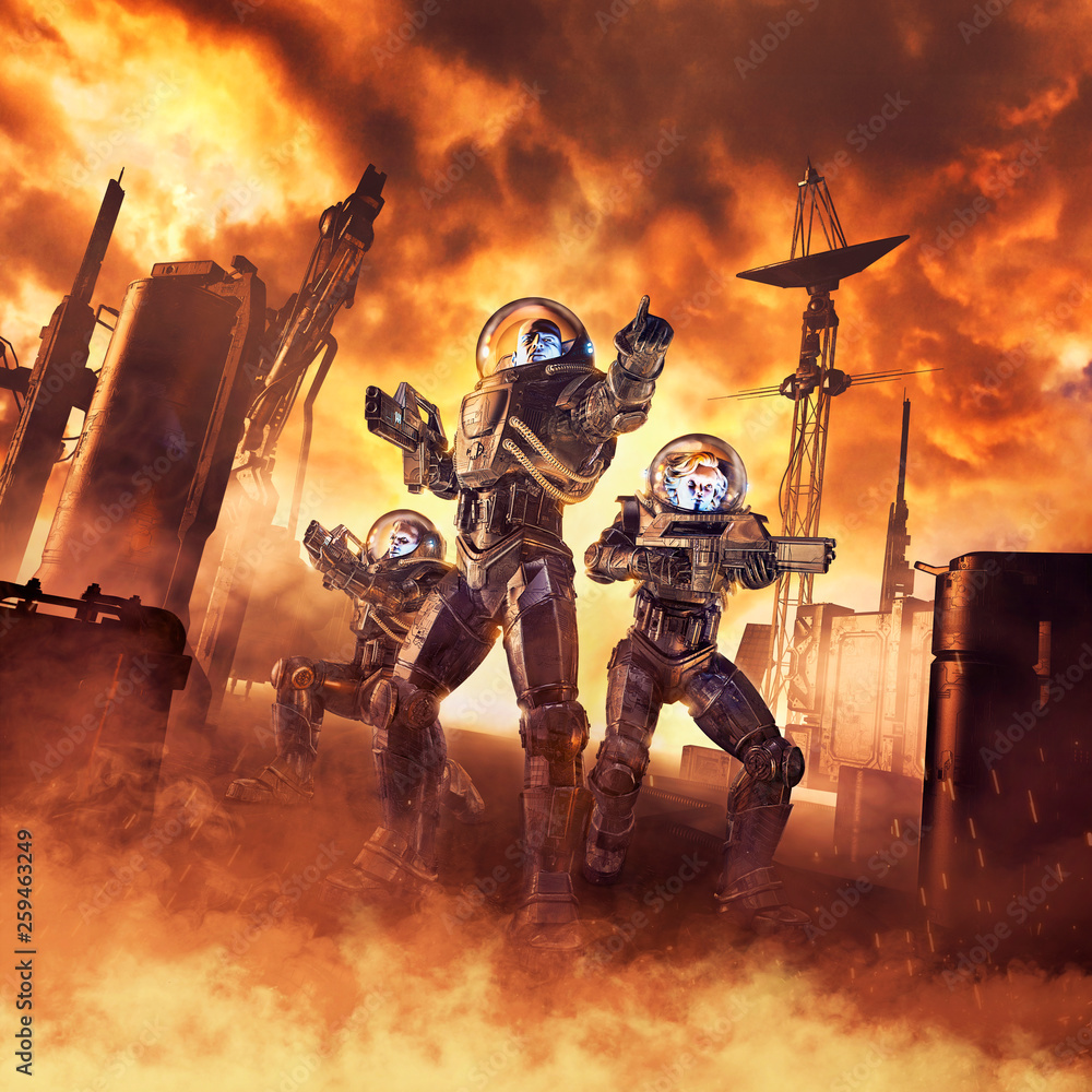 Assault on Arcturus / 3D illustration of science fiction scene showing heroic space marine astronauts with laser pulse rifles advancing through blazing inferno on alien planet Assault on Arcturus / 3D illustration of science fiction scene showing heroic space marine astronauts with laser pulse rifles advancing through blazing inferno on alien planet