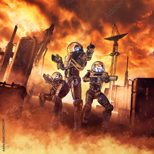 Assault on Arcturus / 3D illustration of science fiction scene showing heroic space marine astronauts with laser pulse rifles advancing through blazing inferno on alien planet