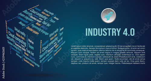 Vector background word cloud in 3D cube with terms about industry 4.0 in blue color