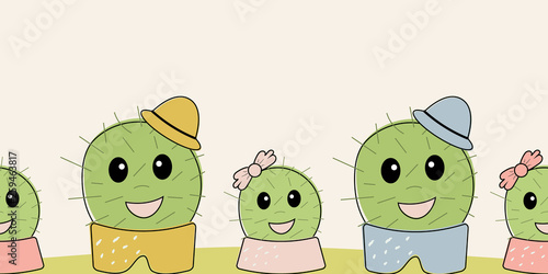 Cute simple naive seamless border with funny cactus: girl with bow and boy with hat on polka dots background.For decoration of children clothes, linen,underwear,pillowcases,centres,stationery.Vector