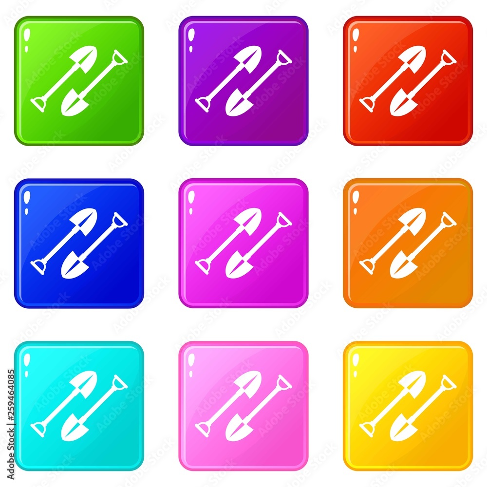 Mine shovel icons set 9 color collection isolated on white for any design Mine shovel icons set 9 color collection isolated on white for any design