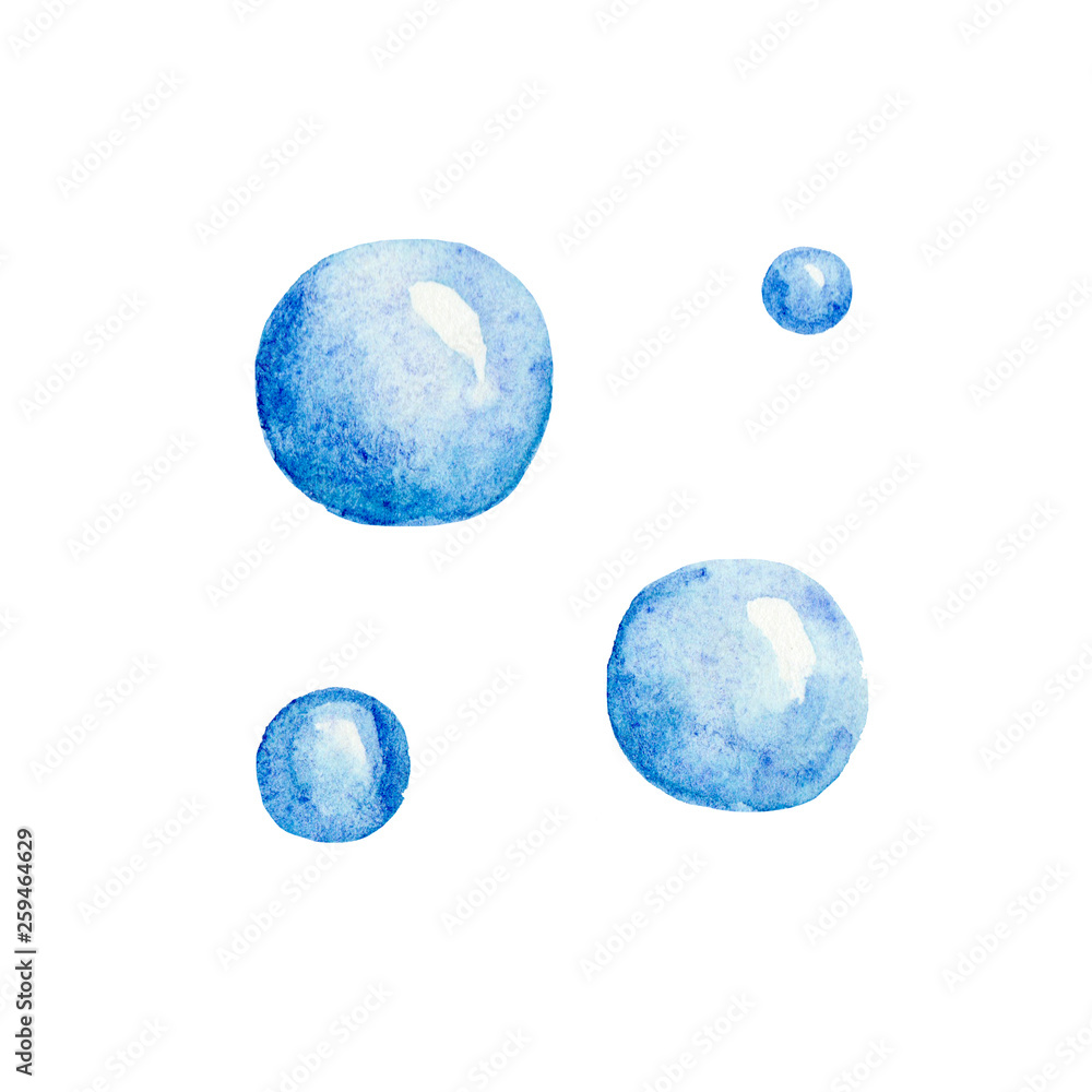 Hand drawn watercolor sea seaweed bubbles blue summer on white