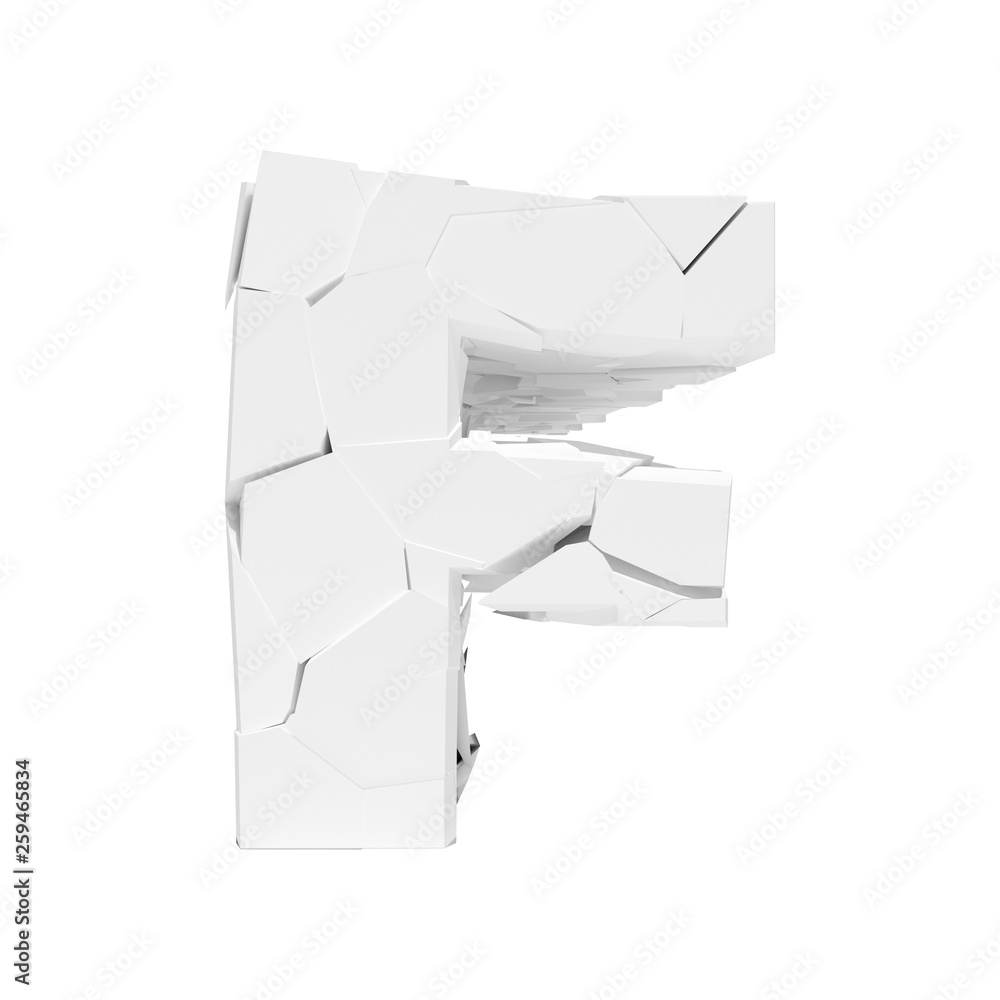 Isolated cracked alphabet letter F on a white background. 3D illustration. Isolated cracked alphabet letter F on a white background. 3D illustration.