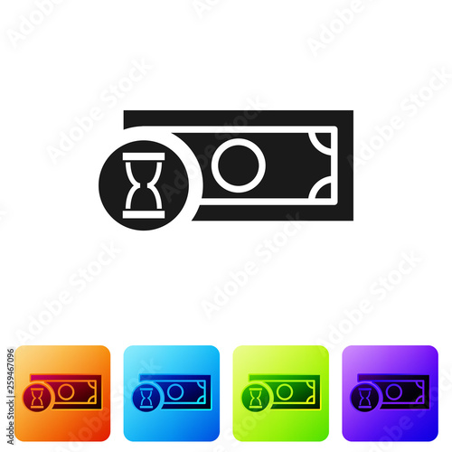 Black Fast payments icon on white background. Fast money transfer payment. Financial services, fast loan, time is money, cash back concept. Set icon in color square buttons. Vector Illustration