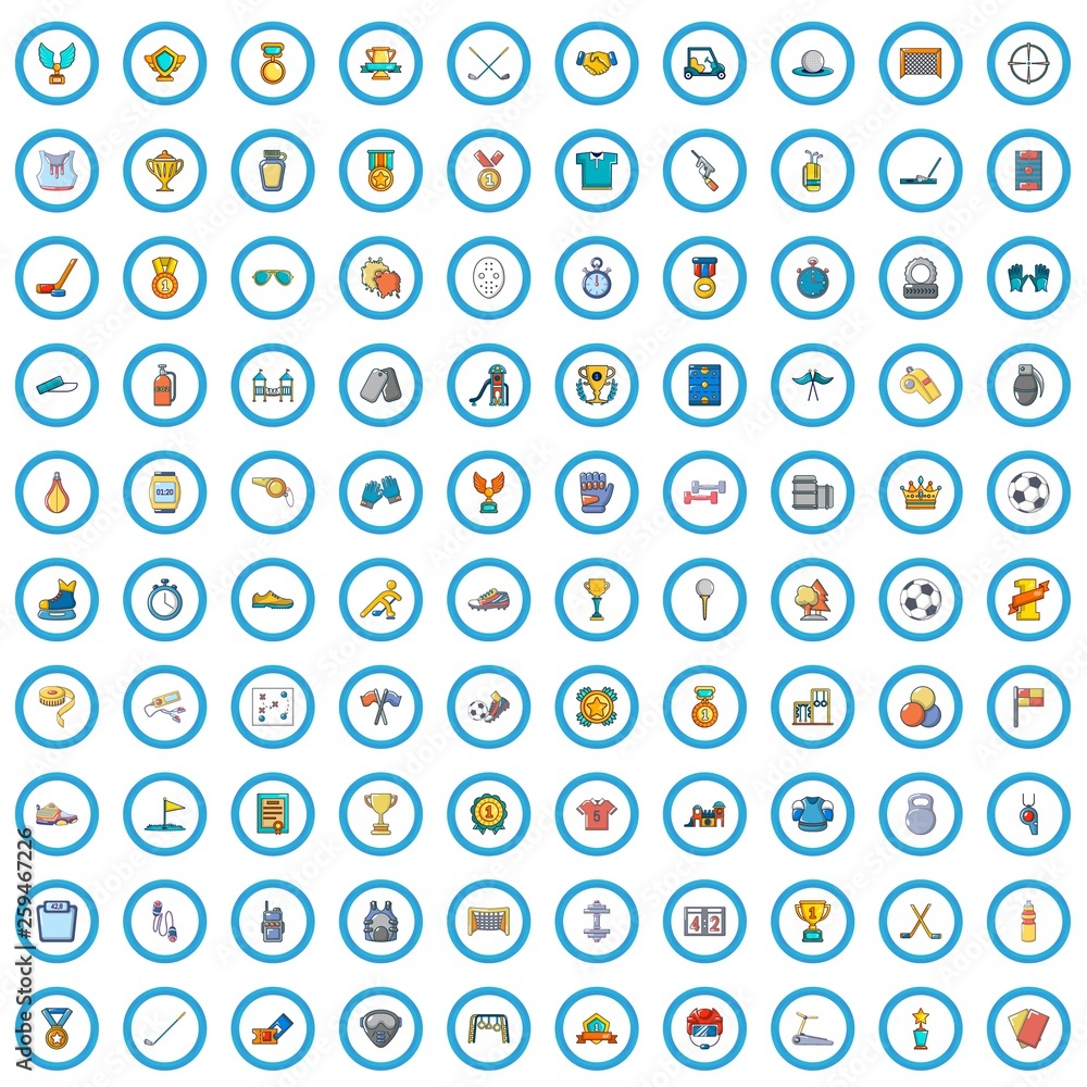 100 physical education icons set. Cartoon illustration of 100 physical education vector icons isolated on white background