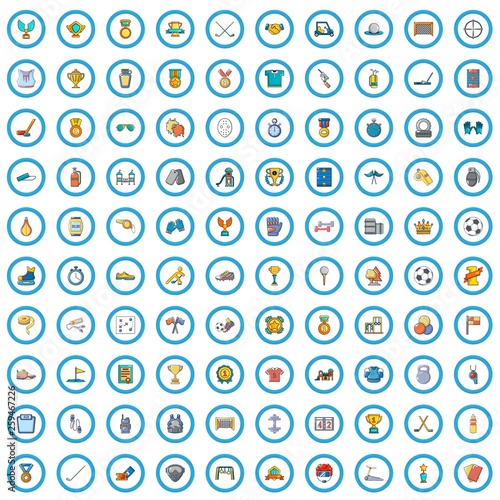 100 physical education icons set. Cartoon illustration of 100 physical education vector icons isolated on white background