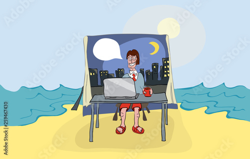 cheerful manager with a laptop and a cup of coffee on the background of the office scenery on the beach. Fun work on vacation of your personal assistant