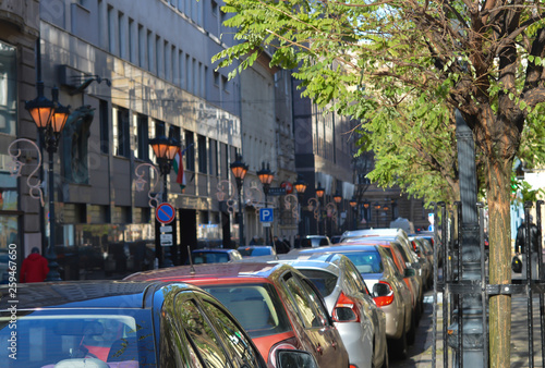 Photography BUDAPEST, HUNGARY - DECEMBER 29, 2017: Street is fully booked with cars on a street near St