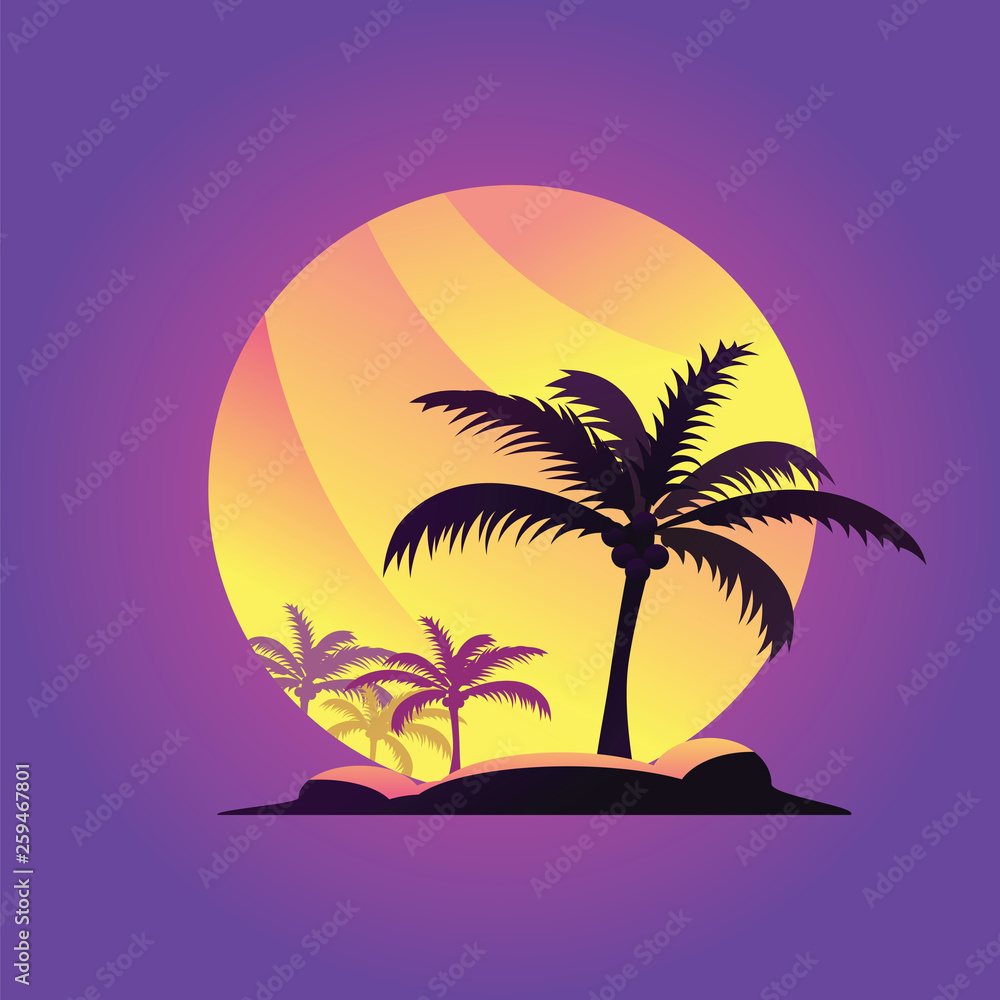 Palm tree on yellow sun and purple sky background. Coconut palm tree on background golden sunset in evening sky
