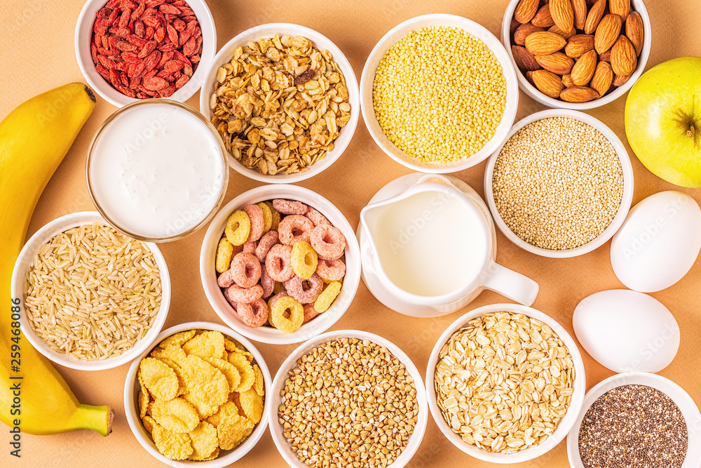 Ingredients for healthy breakfast, top view. Ingredients for healthy breakfast, top view.