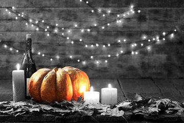 Thanksgiving, pumpkin, Thanksgiving Day, Halloween festival, Autumn festival, wine, candles, autumn leaves, garland, Copy space, holiday scenes, harvest, Thanksgiving, fall, November, autumn