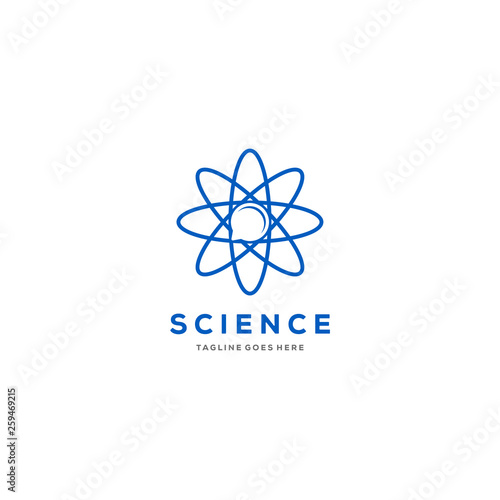 Vector graphic scientific atom symbol with sample text for your company with chat symbol