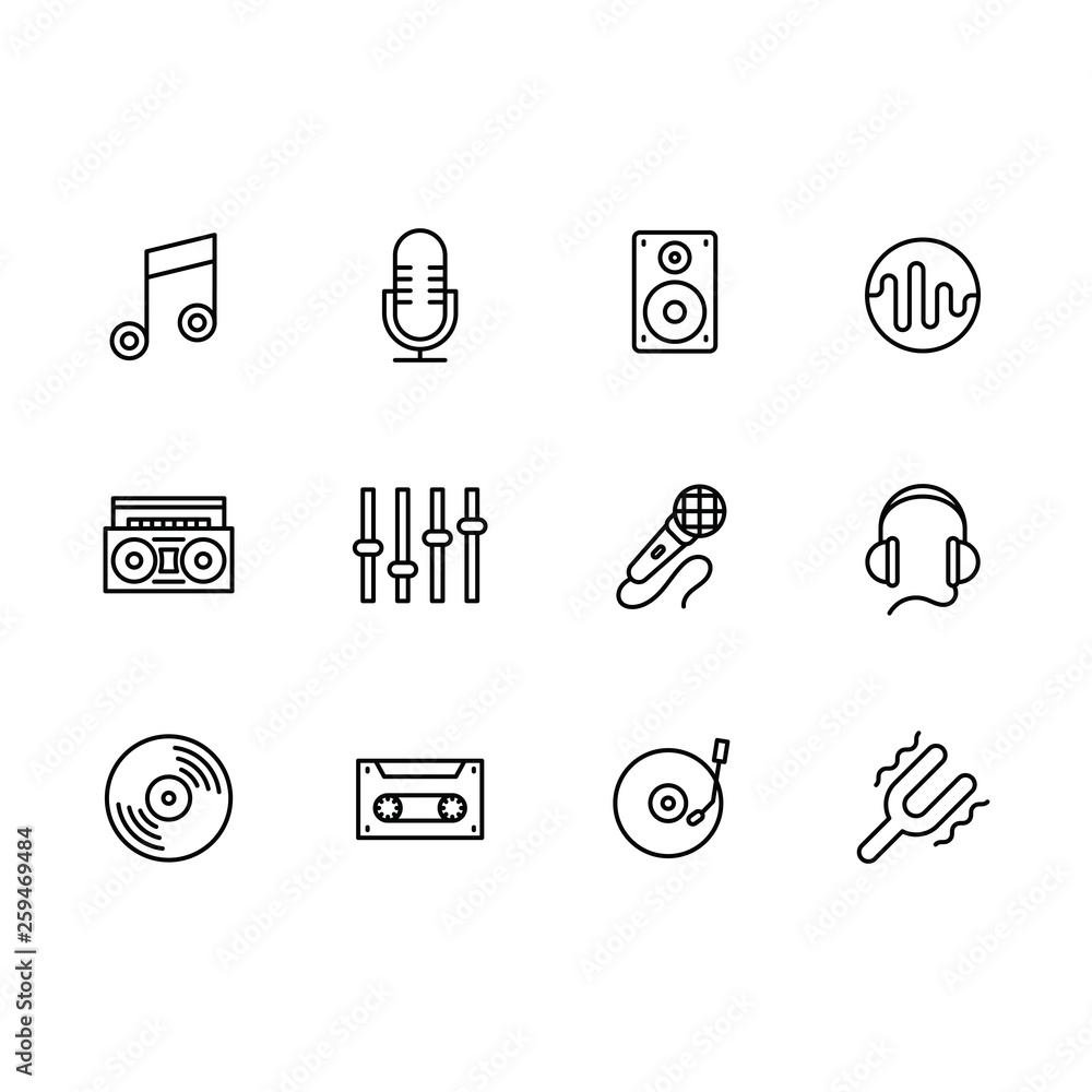 Simple set modern and retro music equipment illustration line icon. Contains such icons notes, microphone, music speaker, tape recorder, equalizer, headphones, vintage vinyl disc and player, film Simple set modern and retro music equipment illustration line icon. Contains such icons notes, microphone, music speaker, tape recorder, equalizer, headphones, vintage vinyl disc and player, film