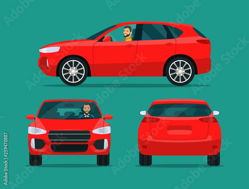 Red compact CUV isolated. Car CUV with driver man side view, back view and front view. Vector flat style illustratio