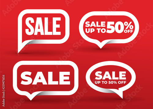 Set of sale banner template design with bubble. Big sale best offer. 3D paper tape. Graphic design element. Vector illustration. Isolated on red background.