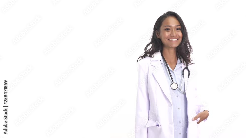portrait of beautiful young doctor smiling with hands in pocket isolated on white background portrait of beautiful young doctor smiling with hands in pocket isolated on white background