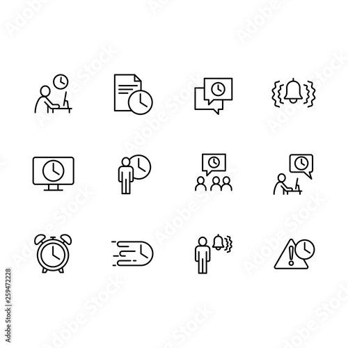  icon business people, busines office, working time and deadline. Contains such icons management, labor and work hours, bell, timely job, to do list, time log, alarm, workplace. photo