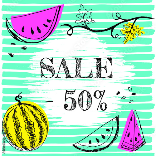 Summer sale up to 50% off banner postcard lettering text with hand drawn watermelons and colored shapes vector illustration. Summer sale flyer or banner or leflet concept template.  photo