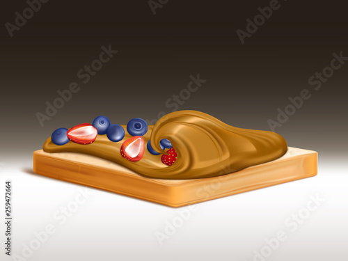 Slice of wheat bread with peanut butter, chocolate cream or nougat spread realistic with strawberries and blueberries vector isolated on background. Sweet sandwich breakfast, toast illustration