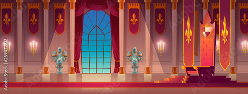 Medieval castle, royal palace spacious lit with burning candles, throne room or ballroom empty interior with king or queen golden thrones standing on pedestal, with knight armor on wall cartoon vector