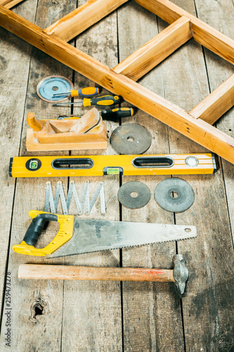 Wallpaper Mural Working tools on wooden rustic background. Torontodigital.ca