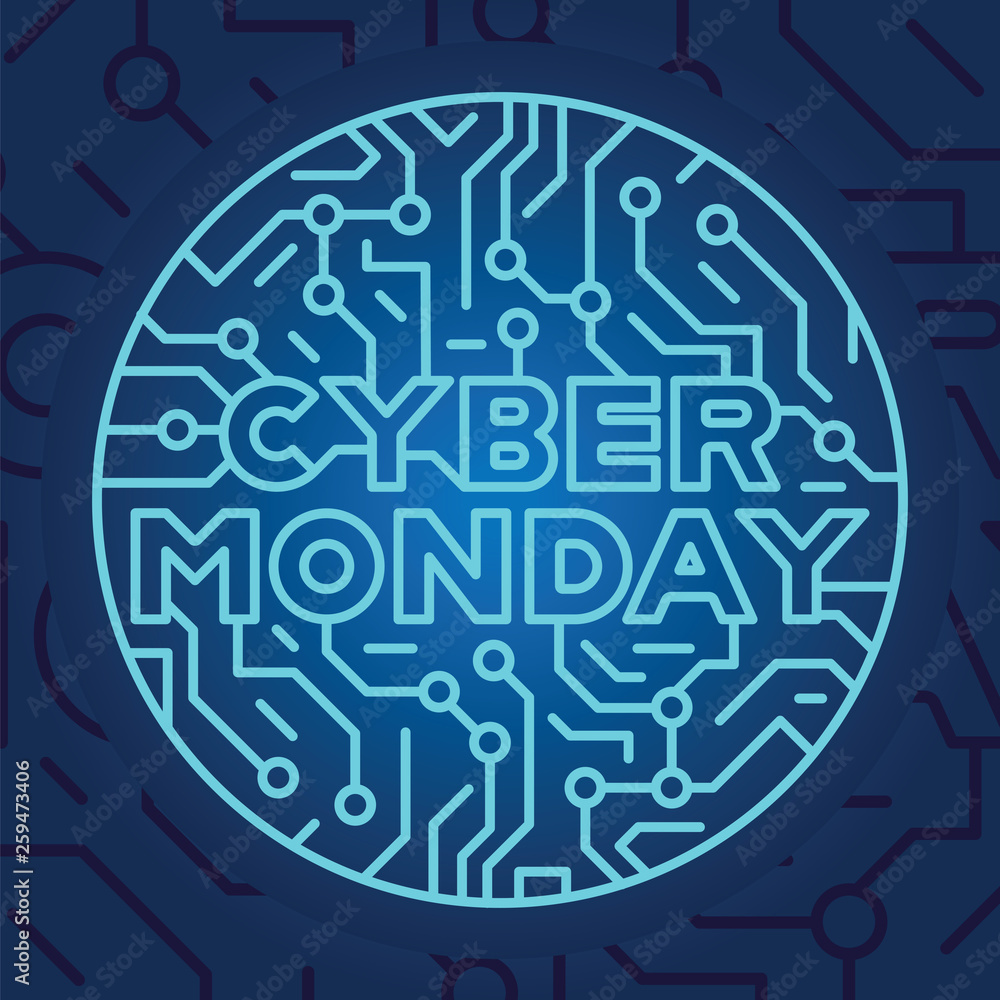 Cyber monday on blue electrical circuit background. Cyber monday sale and discount in web shop and online internet store. Advertising, discount, sale, shopping concept.