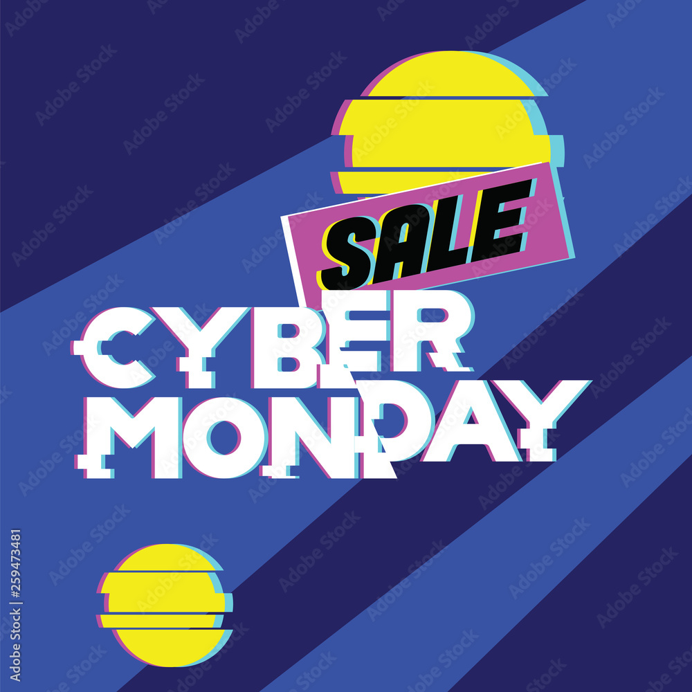 Fototapeta premium Sale cyber monday concet. Advertising, online shopping, sale and discount in web shop and internet store. Cyber monday sale on blue background.