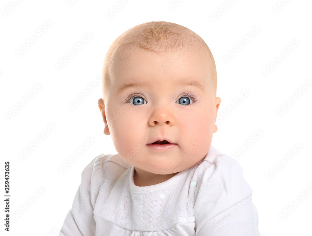 Portrait of adorable baby girl on white background