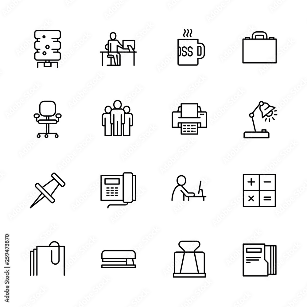 Simple set symbols business, career and teamwork. Contains such icon business office, water cooler, workplace, boss cup, briefcase, team, telephone, computer, paper documents.