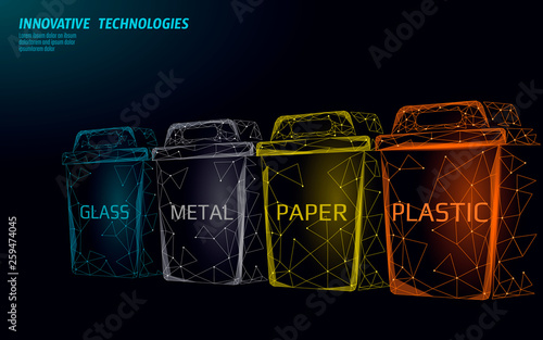 Low poly waste separation 3D concept. Garbage recycle plastic aluminium paper glass container bin. Polygonal ecological save planet campaign. Urban trash movement banner vector illustration