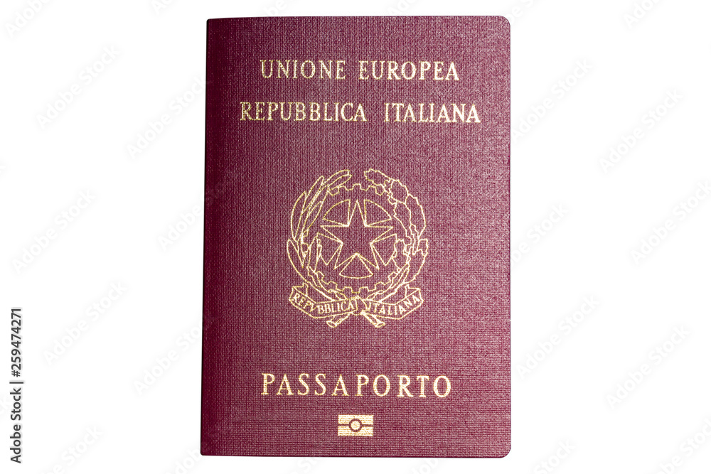 Naklejka premium Red biometric passport of a Italian citizen, isolated on white background. Inscription - European Union, Italian Republic, Passport. Border crossing, travel, immigration concept