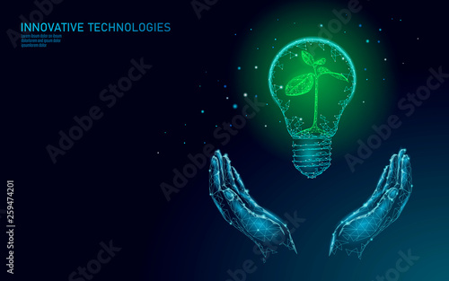 Hand holding light Bulb lamp saving energy ecology concept. Polygonal blue sprout small plant seedling inside electricity green energy power banner vector illustration