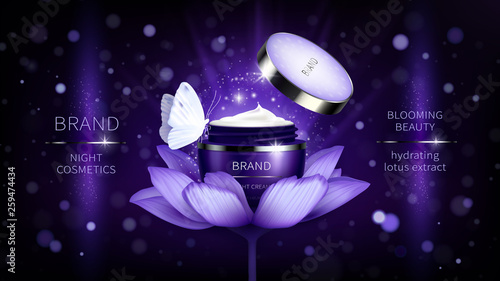 Vector cosmetic banner with realistic purple open jar for skin care cream on lotus flower, mockup for promotion poster. Beauty product concept illustration with sparkles and bokeh for glossy magazine